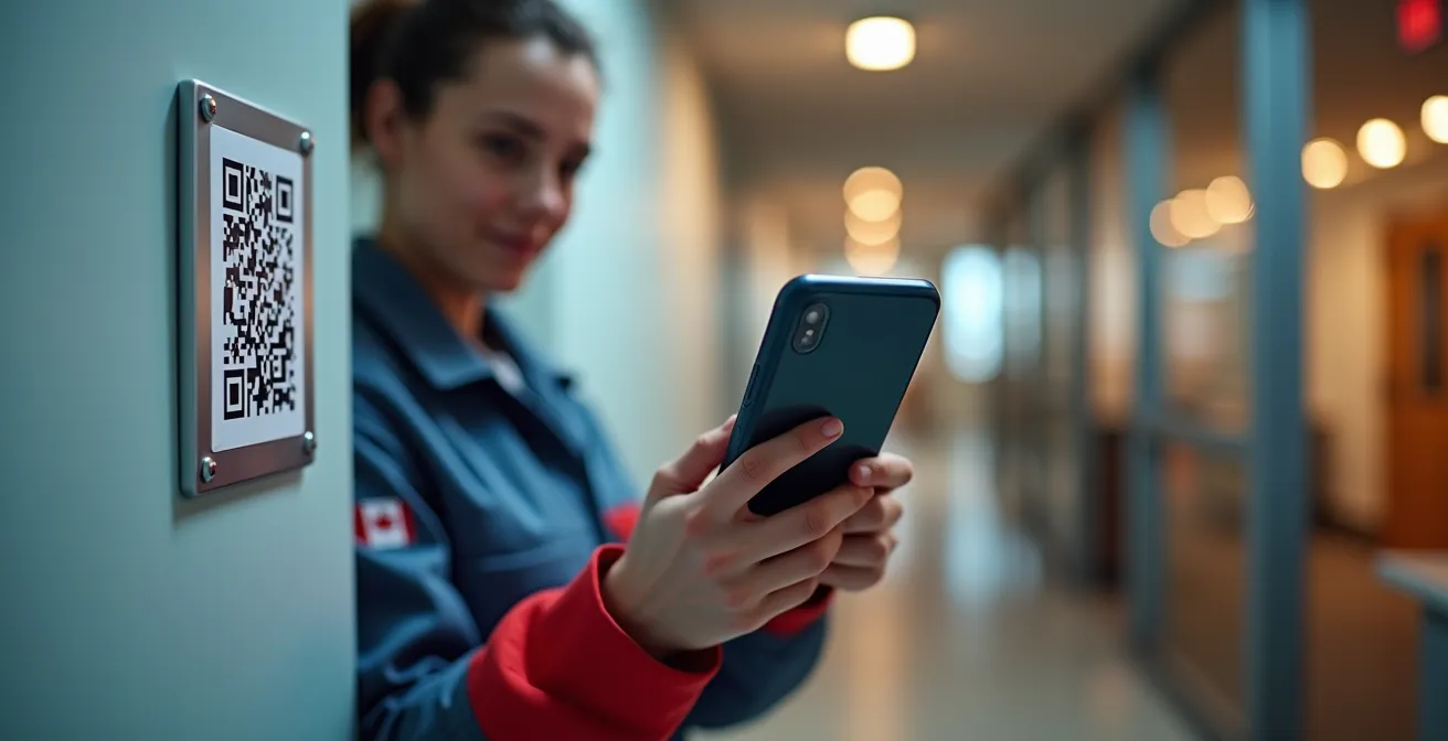 Technicien de nettoyage scannant un code QR avec une application mobile dans un bureau canadien