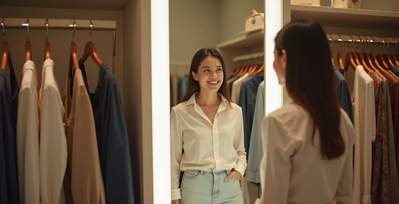 Cabine d'essayage lumineuse avec miroir sans traces et sol immaculé créant une atmosphère accueillante