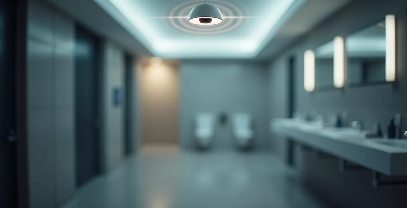 Installation moderne de capteurs de présence dans des toilettes publiques avec éclairage LED automatisé