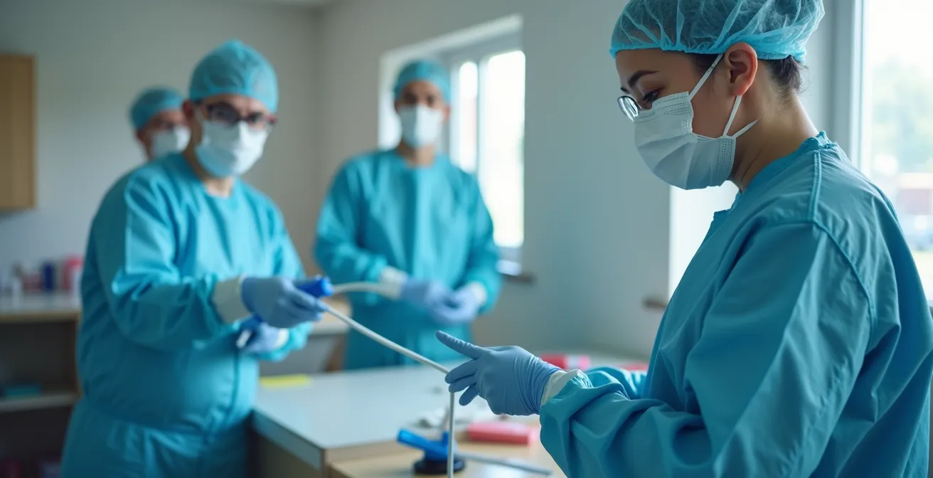 Personnel de nettoyage médical en formation pratique avec équipements de protection individuelle dans un environnement hospitalier canadien