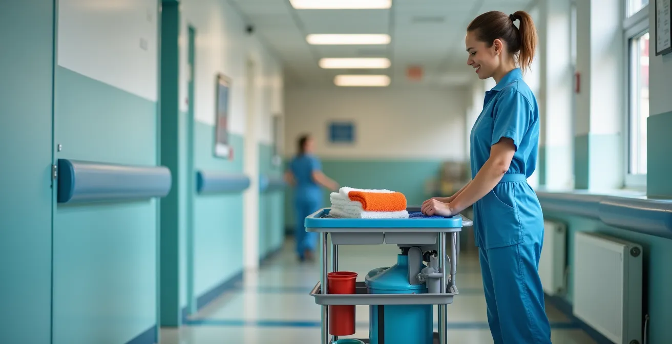 Chariot de ménage professionnel organisé selon les principes ergonomiques dans un couloir d'hôpital