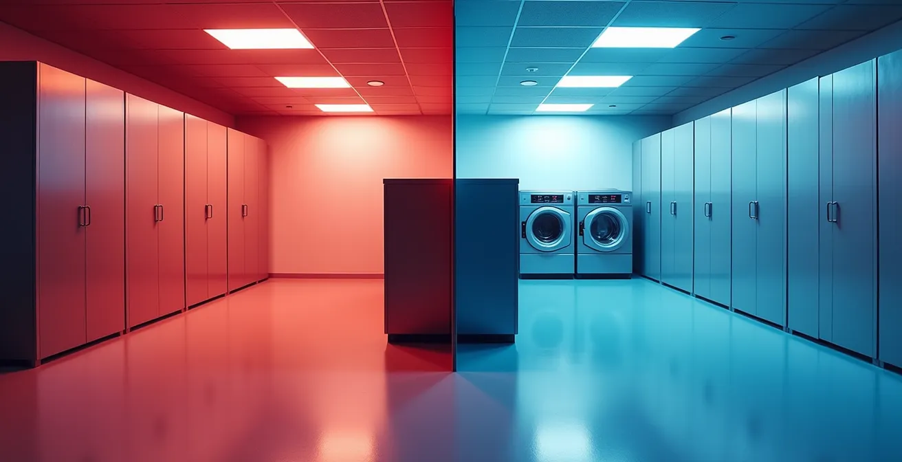 Organisation spatiale d'une buanderie avec zones rouge et bleue séparées