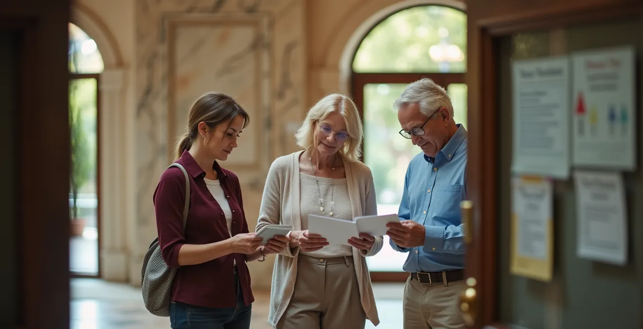 Affiche d'information sur porte d'immeuble avec résidents lisant les détails des travaux