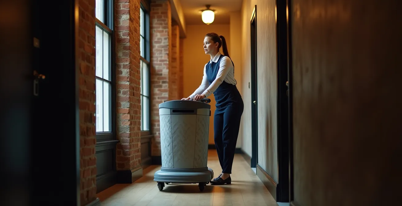Chariot de ménage compact naviguant dans un couloir étroit d'hôtel historique canadien