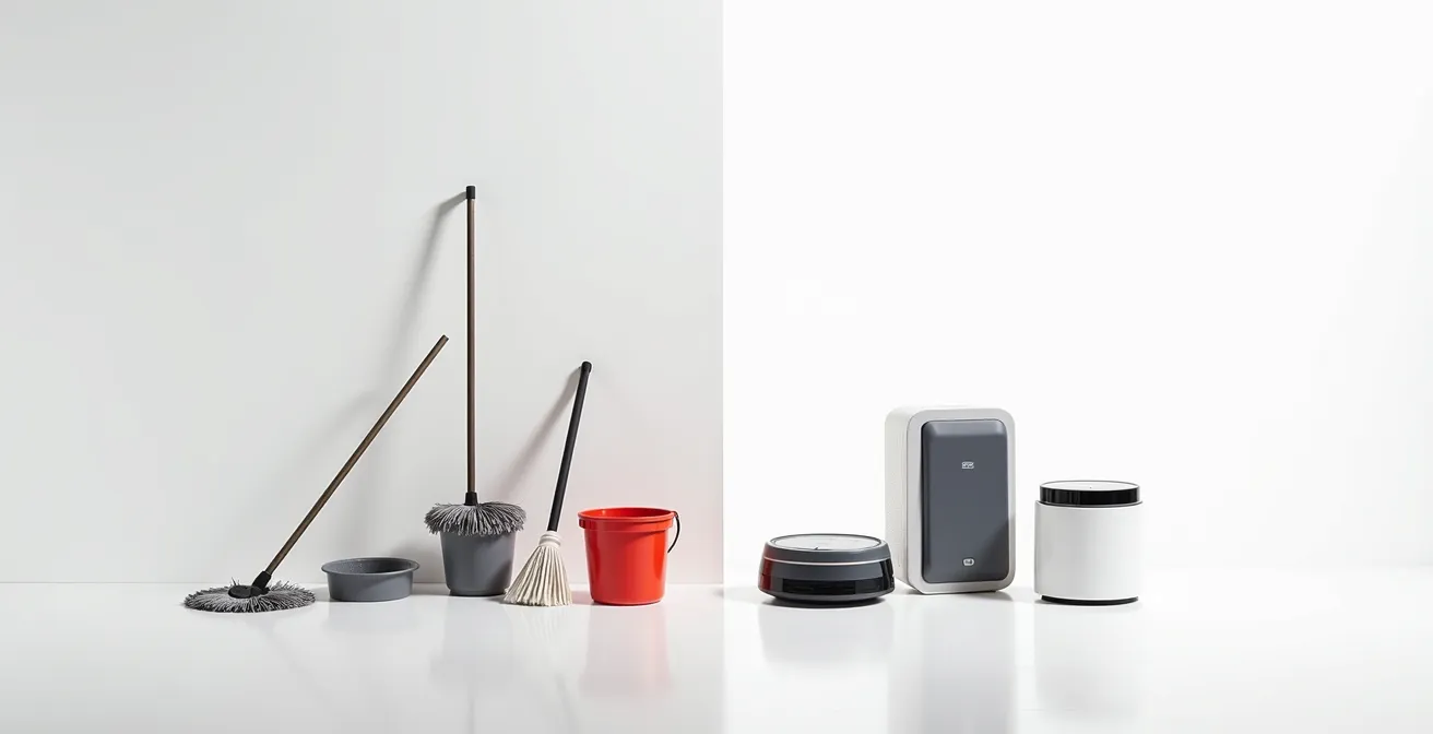 Comparaison visuelle entre méthodes de nettoyage traditionnelles et modernes avec équipements robotisés