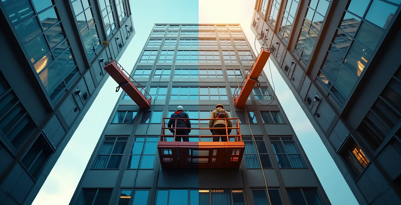 Comparaison visuelle entre une nacelle élévatrice et des cordistes travaillant sur une tour de 10 étages