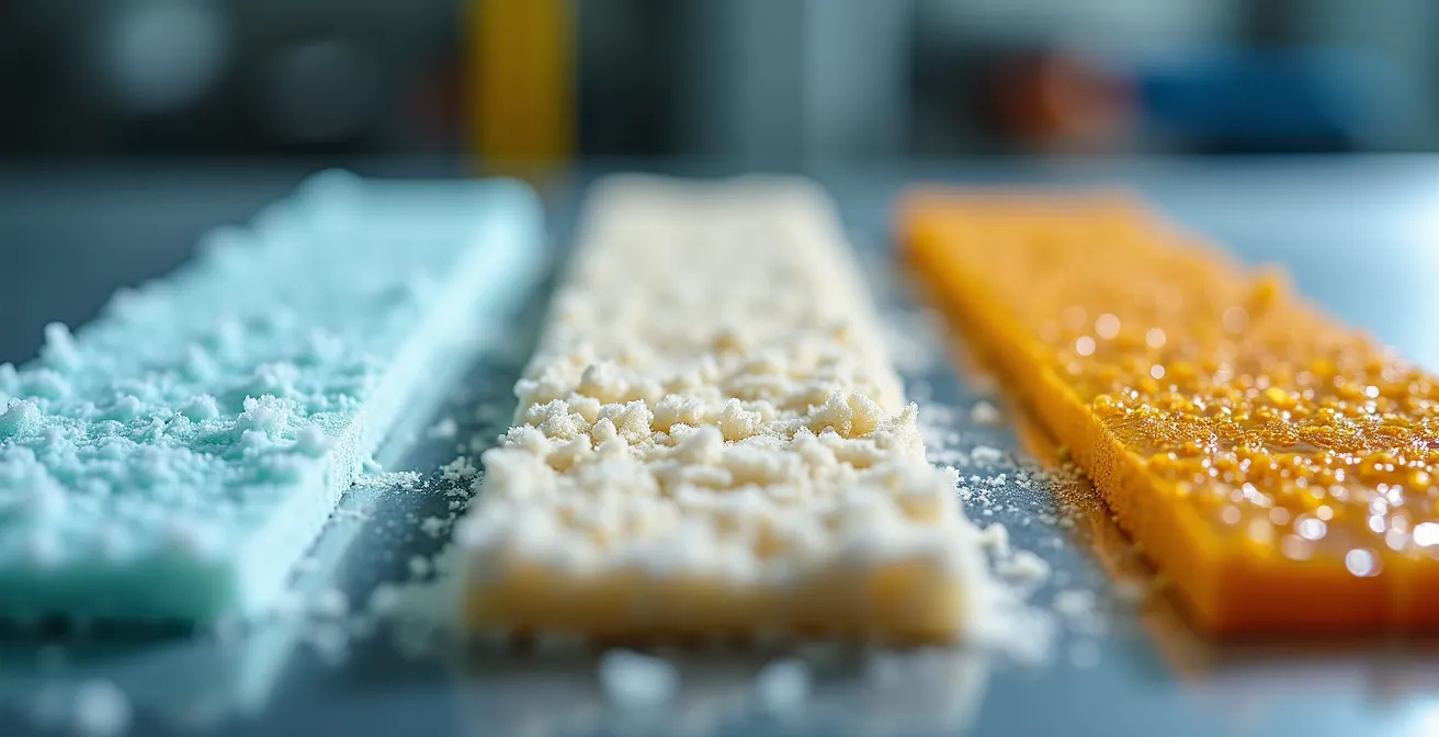 Gros plan macro de trois surfaces montrant l'effet de différents pH sur les salissures typiques canadiennes