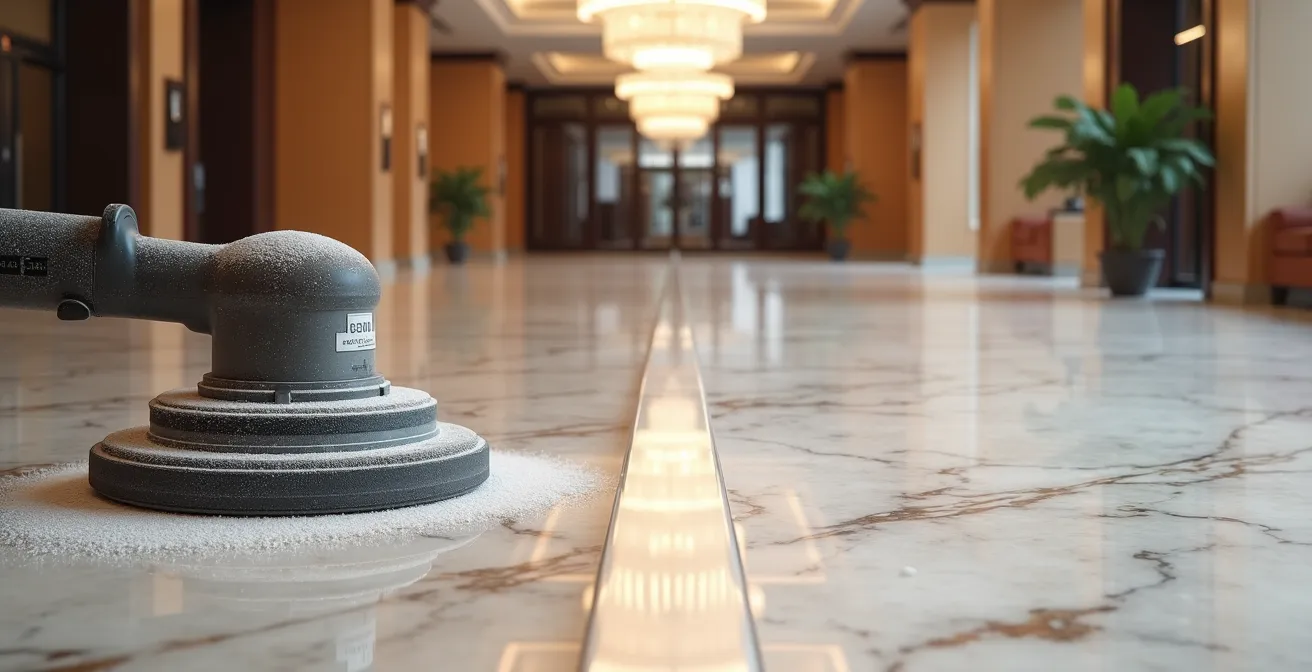 Comparaison côte à côte d'un sol en marbre poli au diamant et cristallisé dans un hall d'entrée commercial