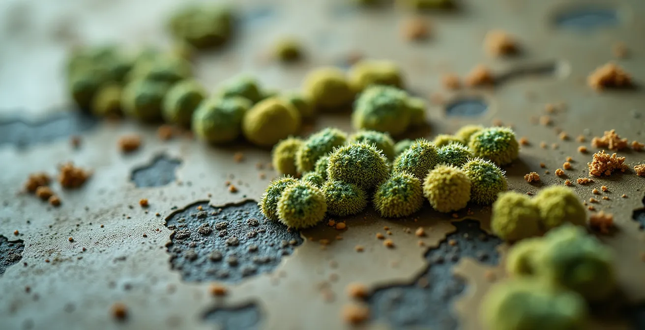 Vue macro détaillée de différents types de spores de moisissures avec textures et couleurs distinctives