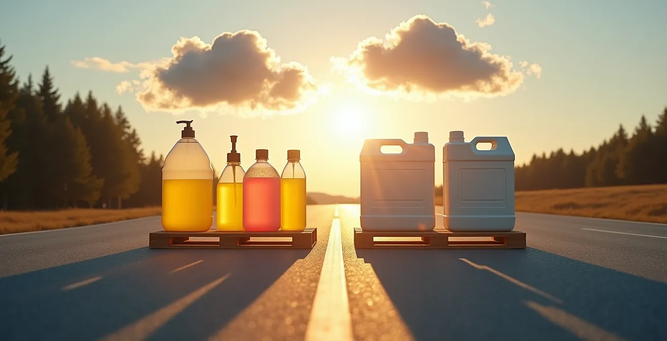 Camion de livraison sur route canadienne avec contenants de produits concentrés visibles