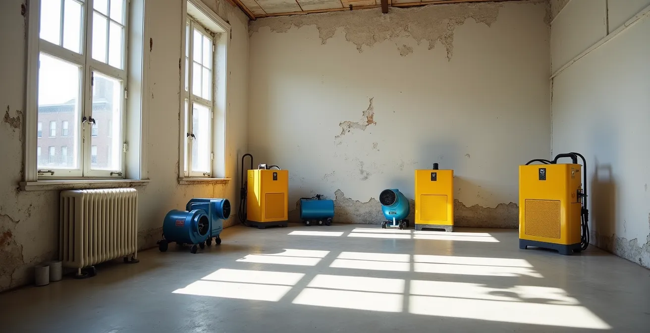 Installation professionnelle de déshumidificateurs industriels et ventilateurs dans une pièce en cours de séchage