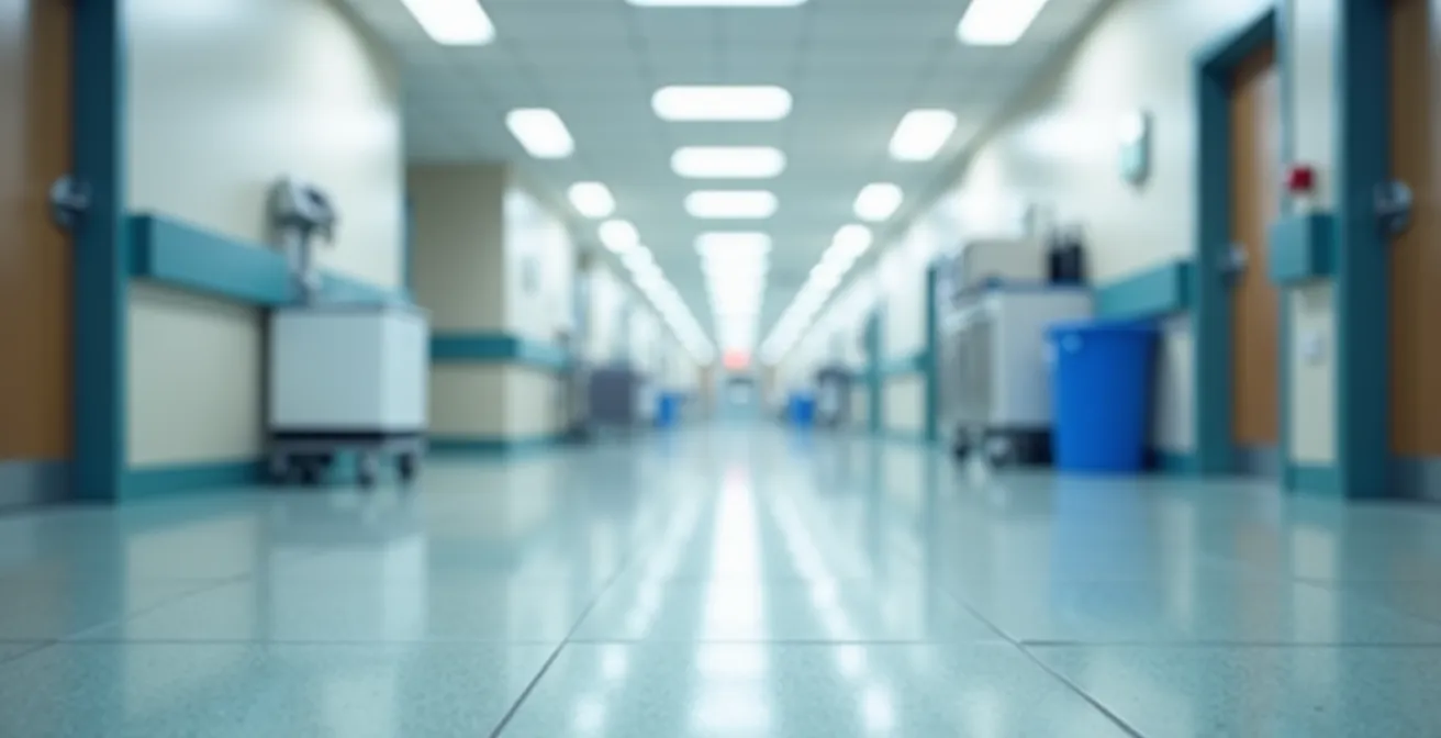 Long corridor d'hôpital canadien avec plancher brillant nettoyé sans rinçage