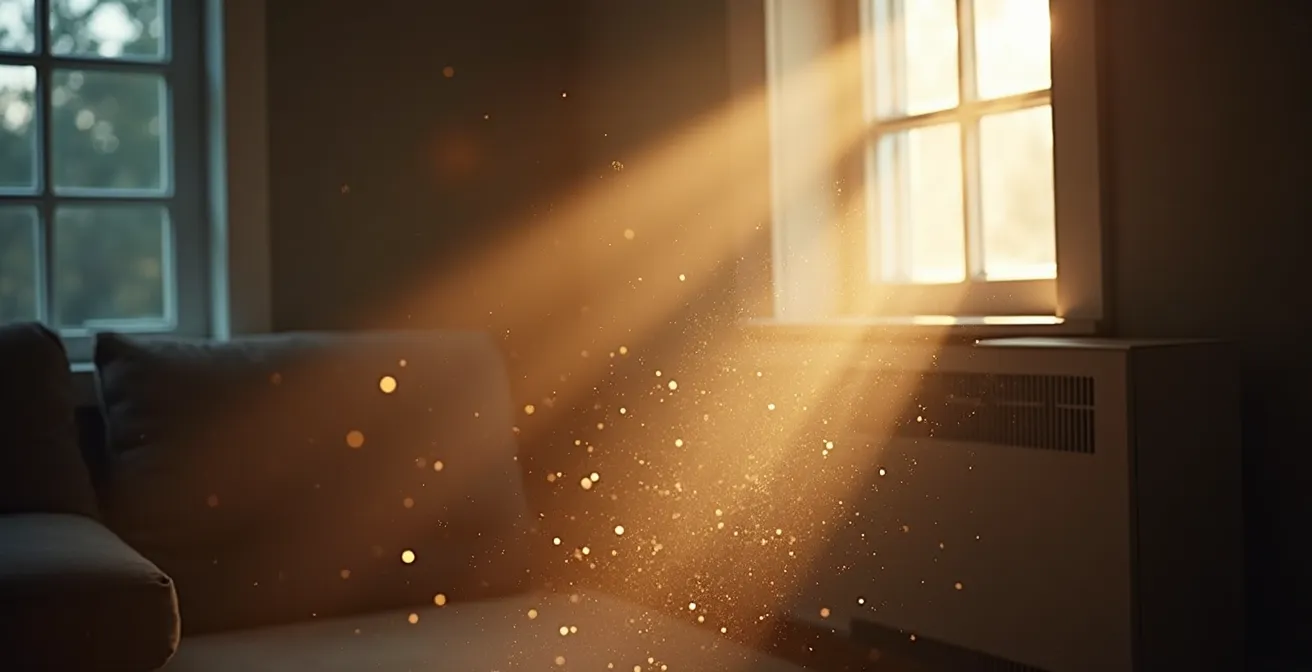 Vue en coupe d'une maison montrant la circulation de la poussière avec système de chauffage