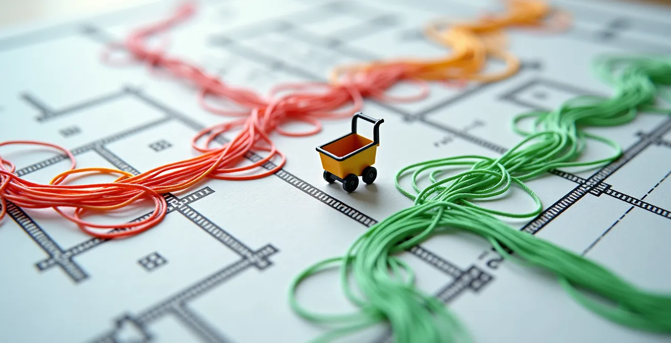 Diagramme de flux montrant l'optimisation du parcours d'un agent de nettoyage dans un bureau