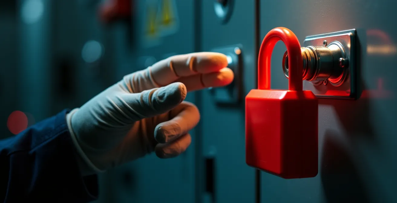 Gros plan sur un dispositif de cadenassage rouge verrouillé sur un panneau de contrôle industriel
