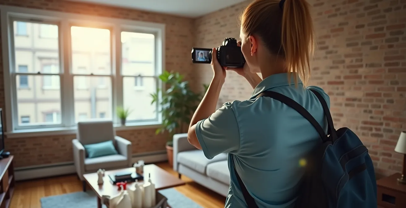 Nettoyeur professionnel documentant l'état d'un appartement avec tablette et appareil photo dans un salon montréalais