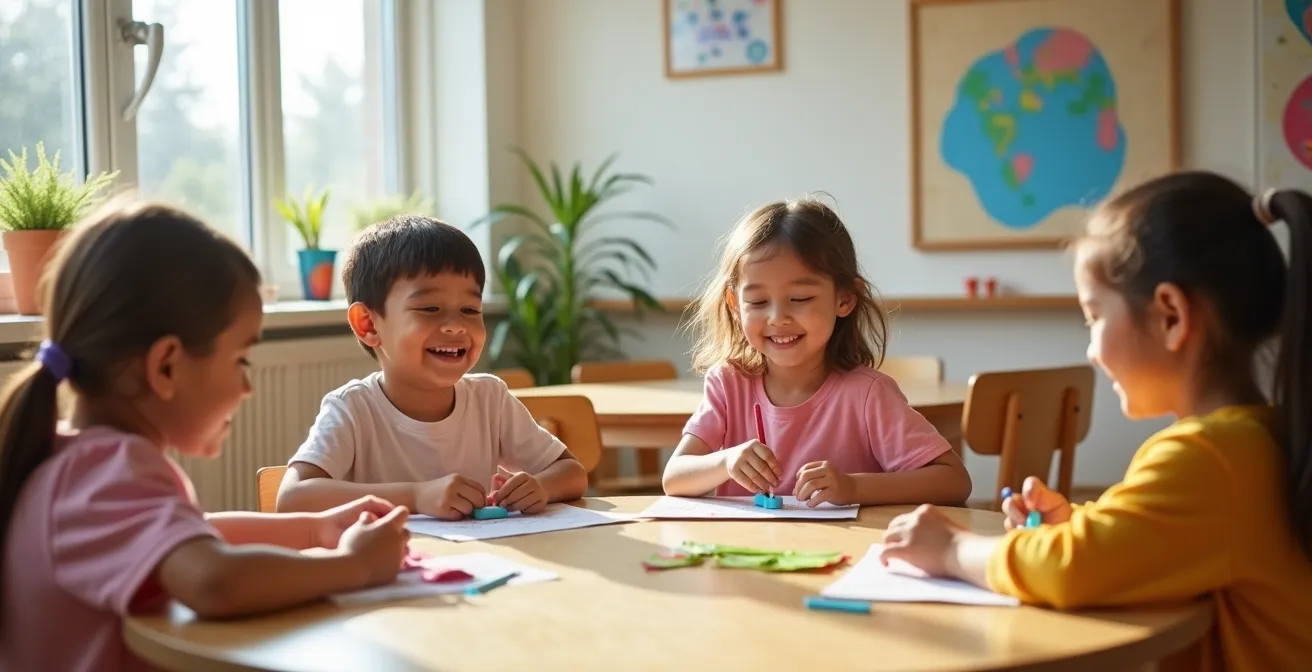 Classe lumineuse avec enfants jouant dans un environnement épuré sans produits chimiques