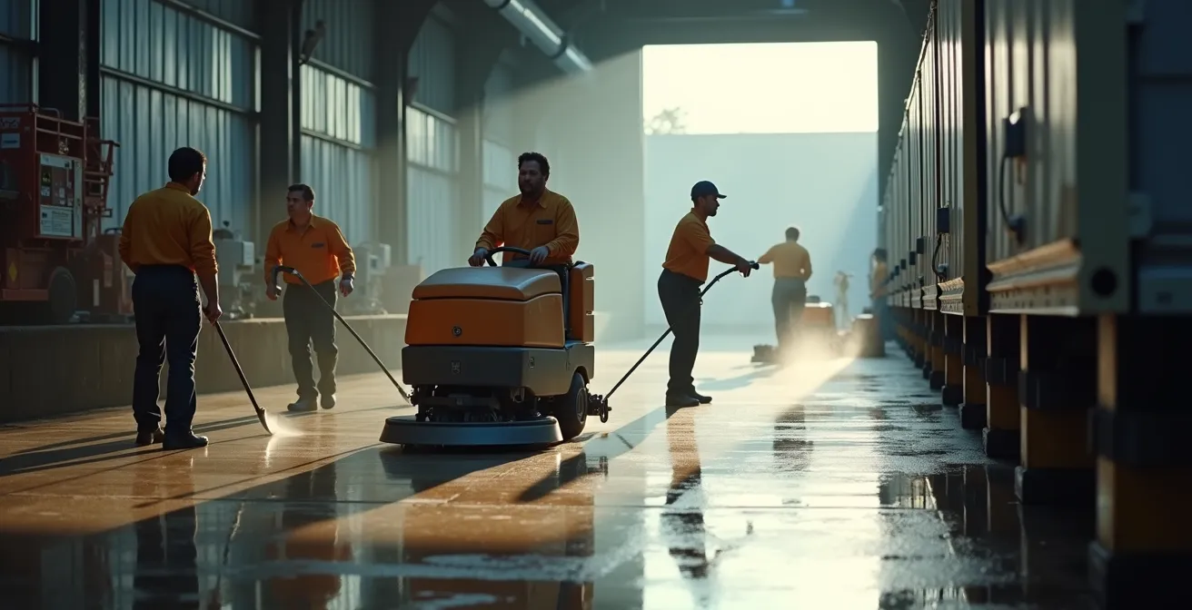 Équipe de nettoyage industriel travaillant rapidement pendant un changement de quart d'usine