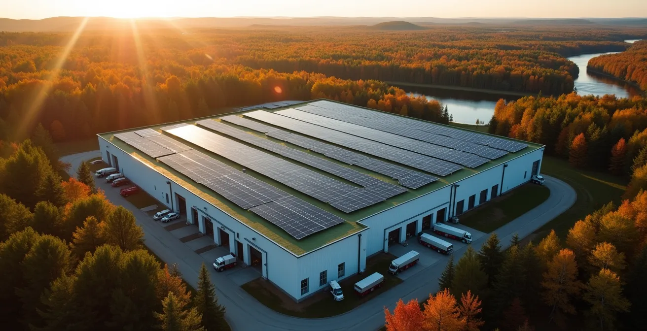 Vue aérienne d'une usine québécoise de produits écologiques entourée de forêts