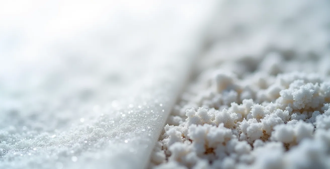 Vue macro comparative d'un filtre propre et encrassé avec particules de sel visibles