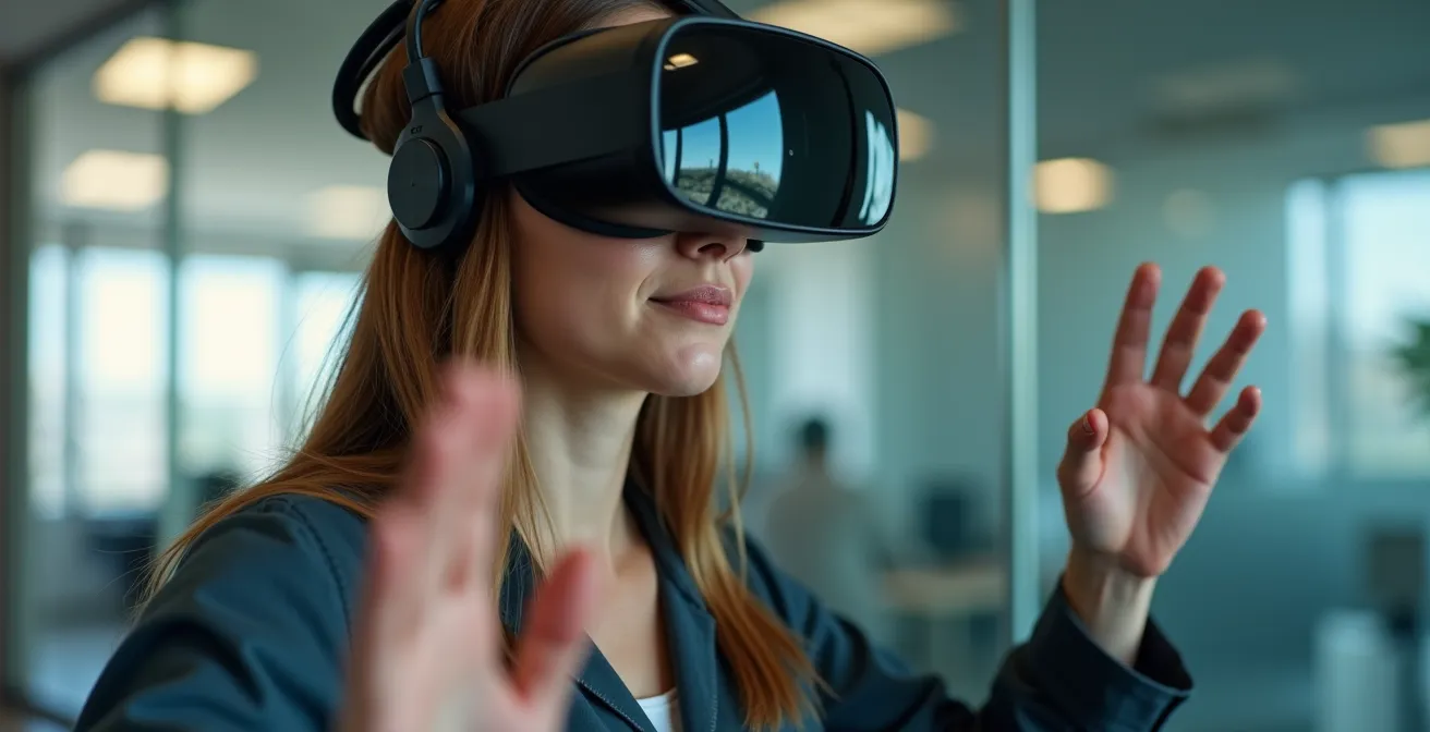 Professionnel en formation VR pratiquant des gestes techniques de nettoyage