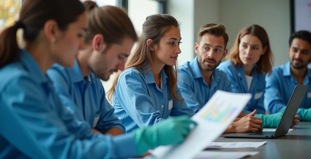 Employés en formation SIMDUT dans une salle moderne avec pictogrammes de sécurité abstraits