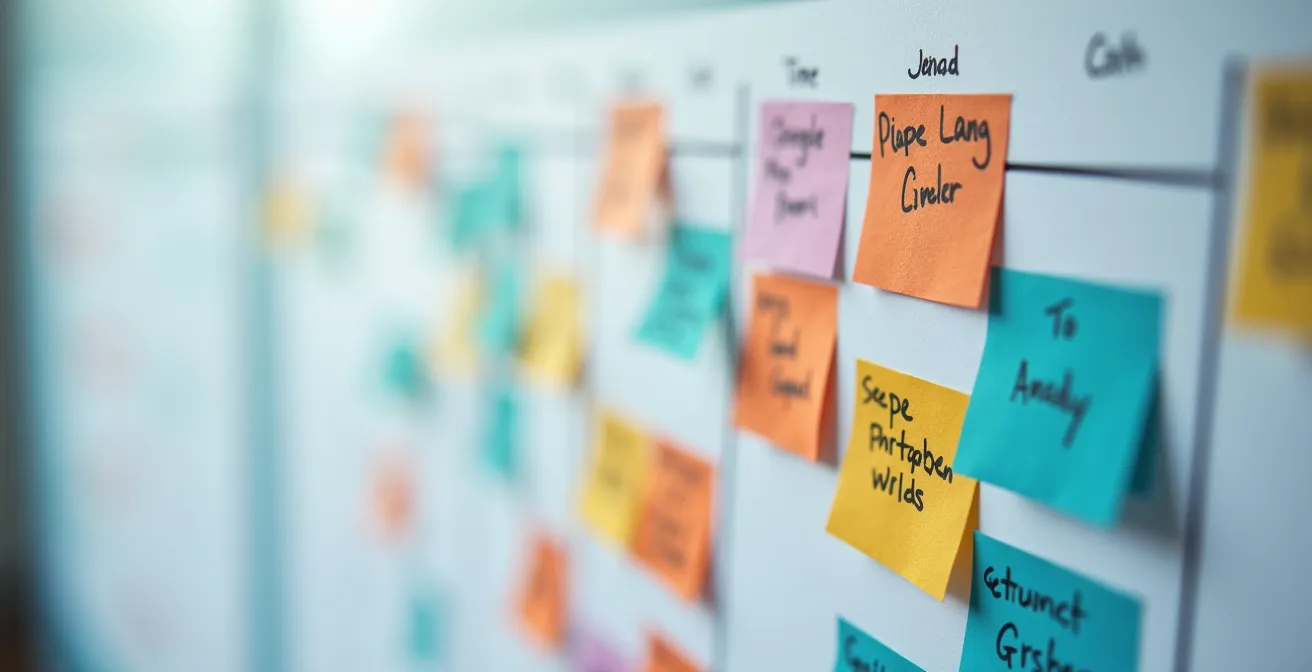 Vue macro d'un calendrier de planification avec des zones colorées représentant les créneaux tampons