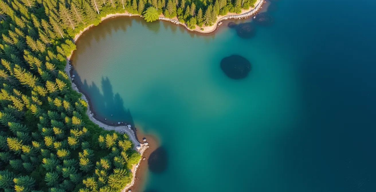 Vue aérienne d'un lac canadien montrant une zone d'eau claire contrastant avec une prolifération d'algues