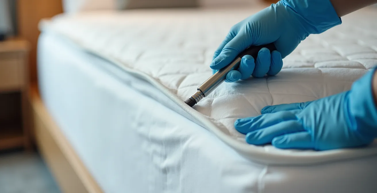 Inspection détaillée d'un matelas d'hôtel avec éclairage professionnel