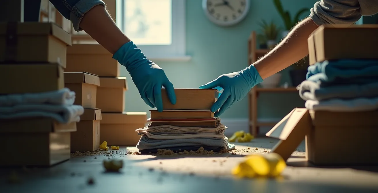 Technicien en combinaison de protection triant méthodiquement des biens dans un espace encombré avec traces d'eau