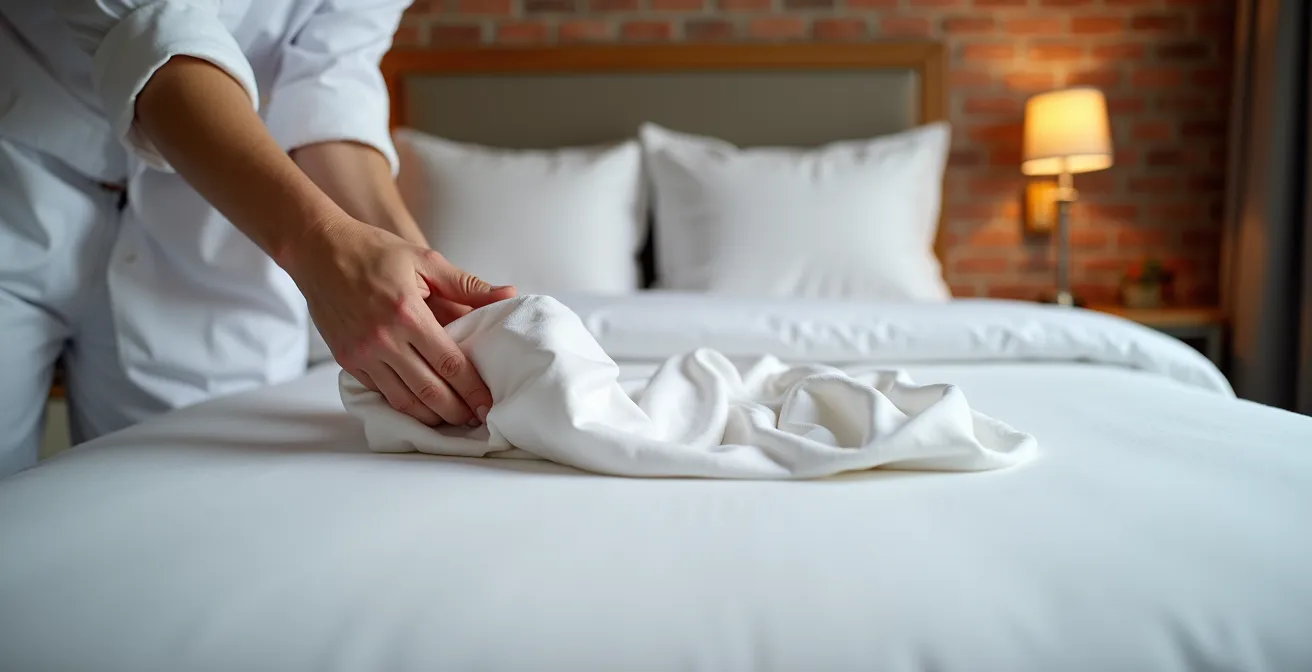 Lit d'hôtel avec pliage professionnel dans un décor canadien épuré