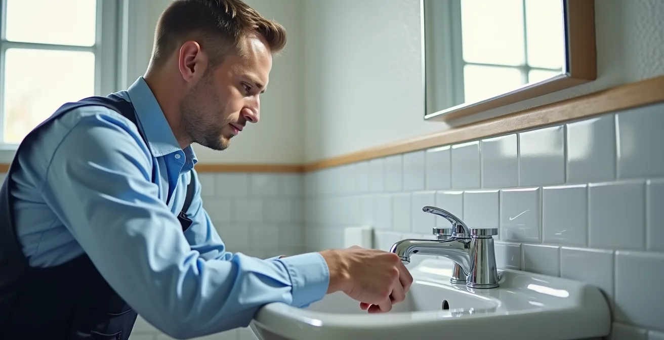Vue d'ensemble d'une salle de bain moderne impeccable avec plomberie visible