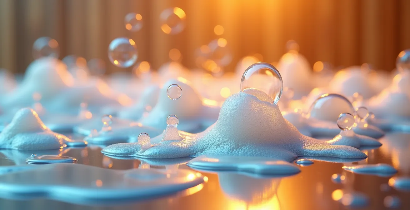 Vue microscopique des micelles de tensioactifs encapsulant la saleté sur une surface