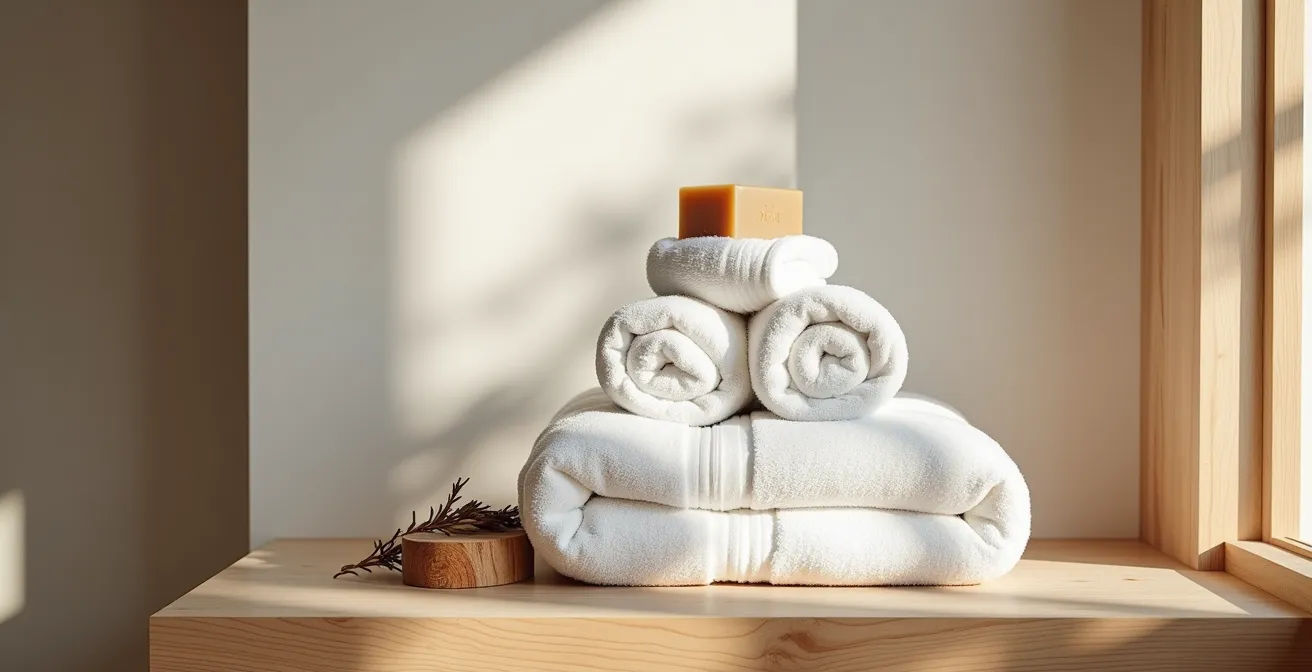 Serviettes blanches pliées façon spa avec touches naturelles canadiennes dans une entrée lumineuse