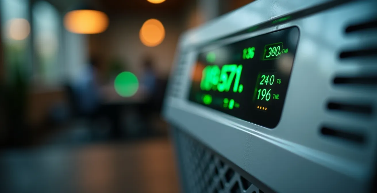 Moniteur de qualité d'air installé dans un espace de bureau avec employés travaillant sereinement