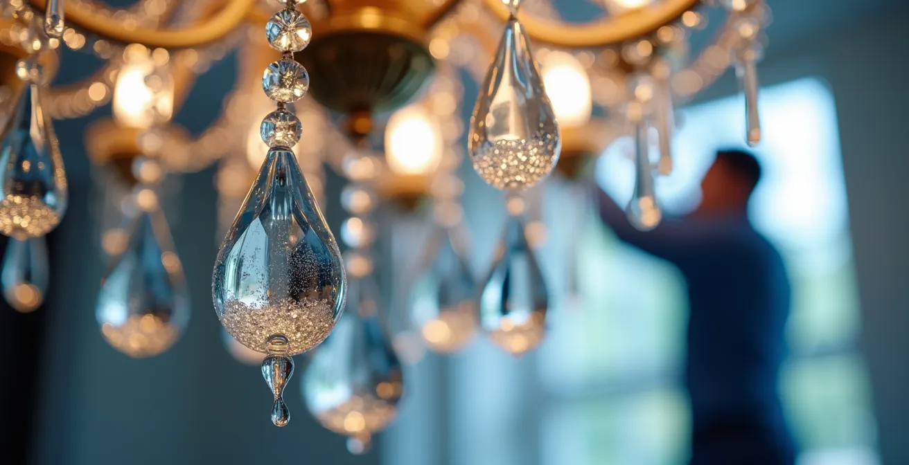 Technicien utilisant une perche télescopique pour nettoyer un lustre en cristal dans un plafond cathédrale