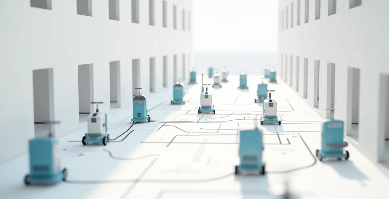 Vue aérienne minimaliste d'un plan d'étage montrant l'optimisation du flux de travail pour les équipes de nettoyage