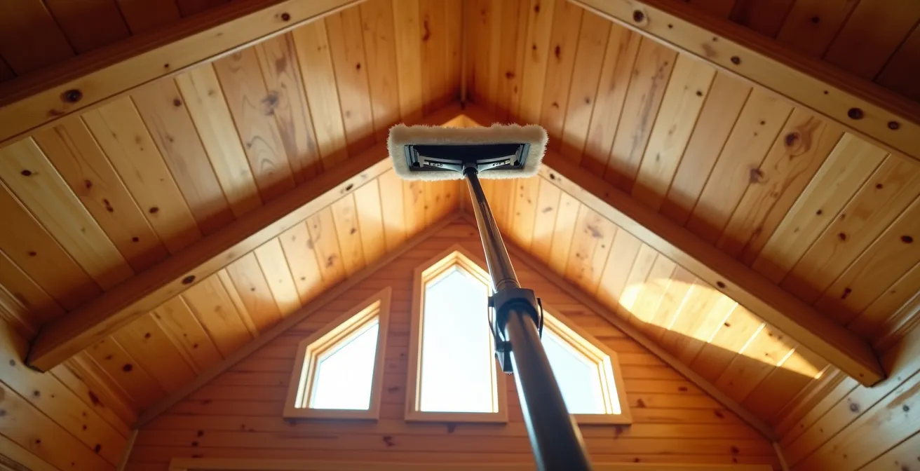 Perche télescopique avec tête microfibre nettoyant un plafond cathédrale en bois