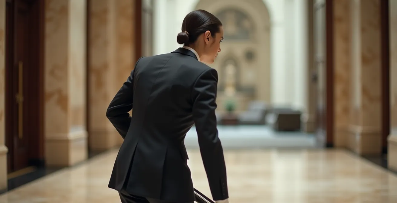 Silhouette professionnelle en uniforme élégant dans un hall d'entrée luxueux