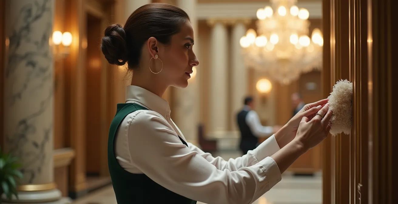 Personnel d'entretien en uniforme impeccable dans un hall d'hôtel de luxe