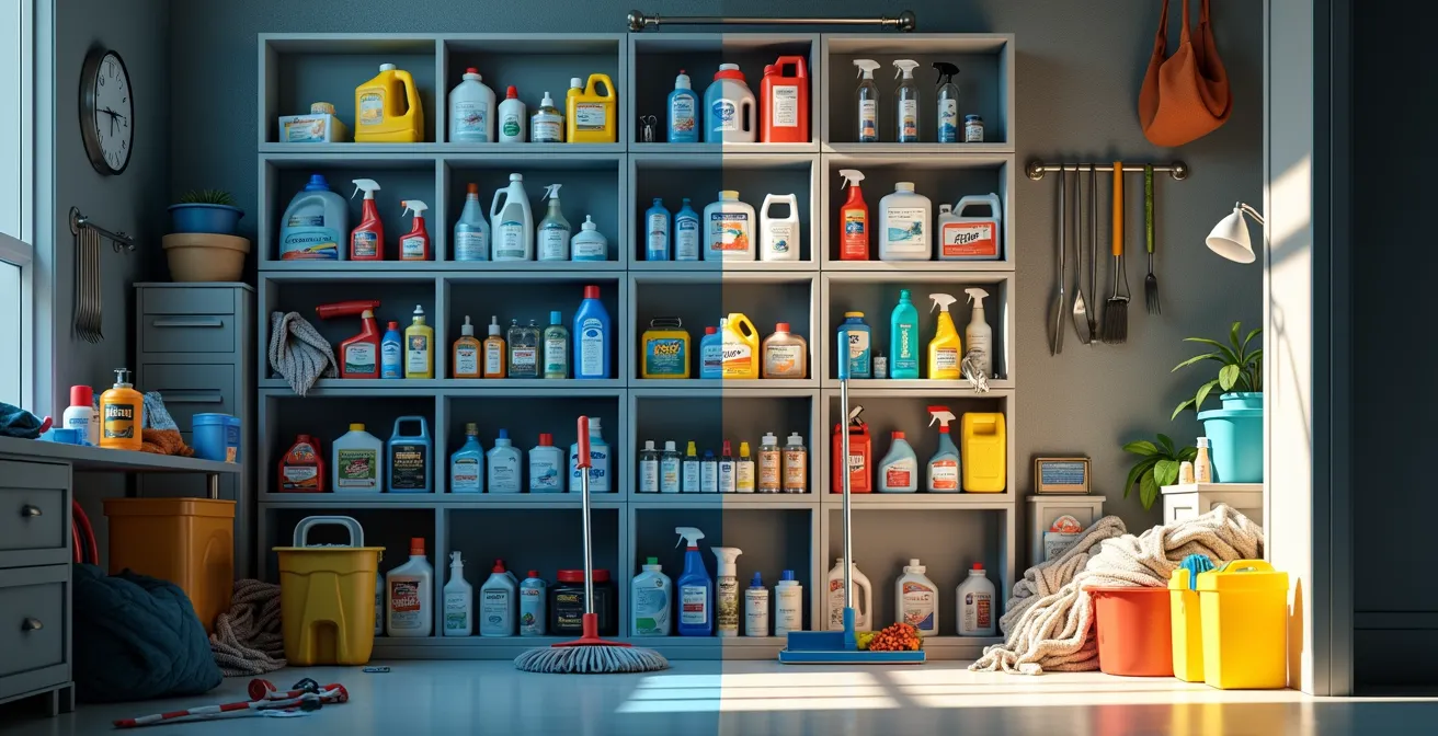 Comparaison visuelle d'un placard de concierge avant et après l'application de la méthode 5S