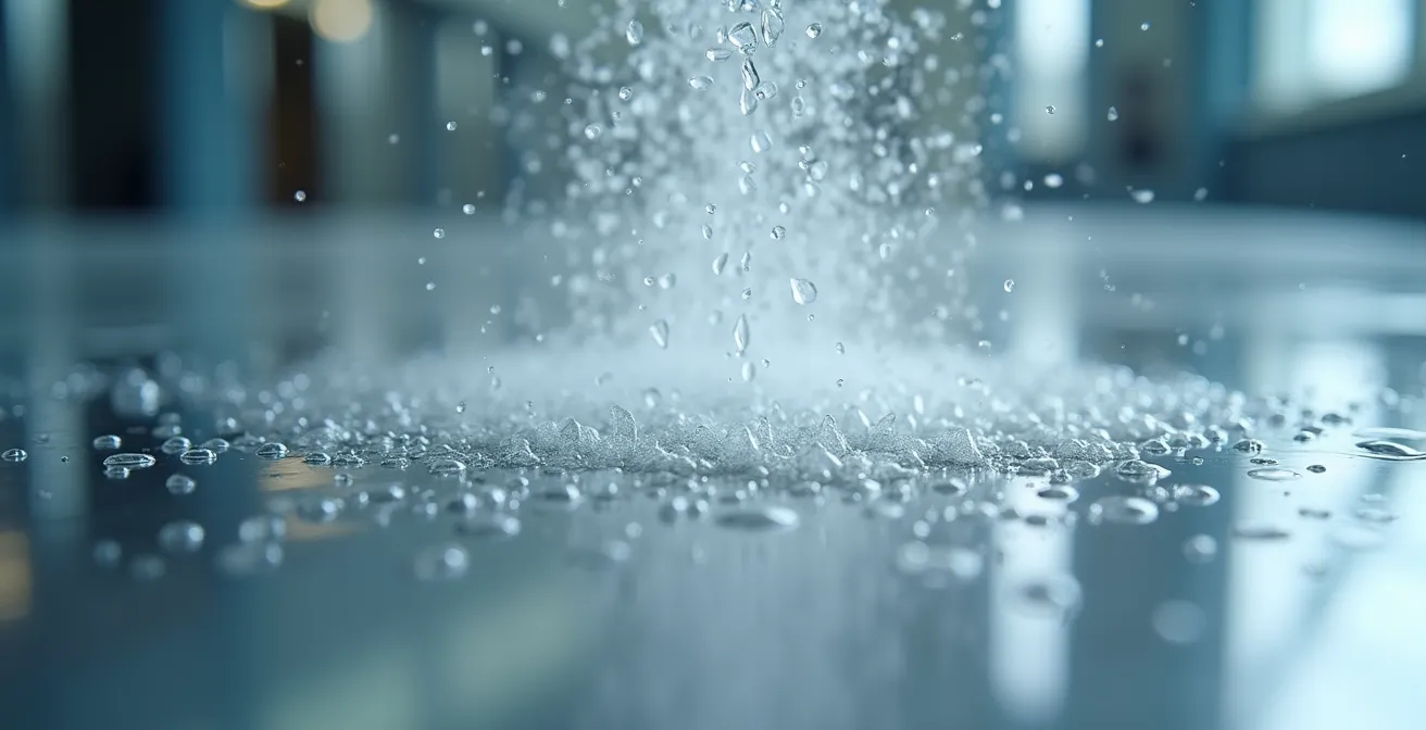 Vue macro détaillée de surfaces médicales désinfectées avec effet de vapeur visible dans un environnement hospitalier canadien