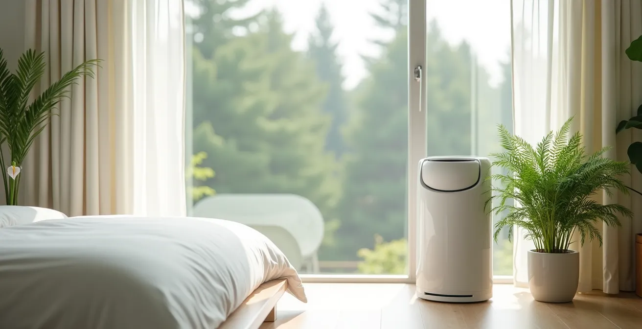 Chambre d'hôtel canadienne avec purificateur d'air HEPA et plantes vertes créant une atmosphère saine