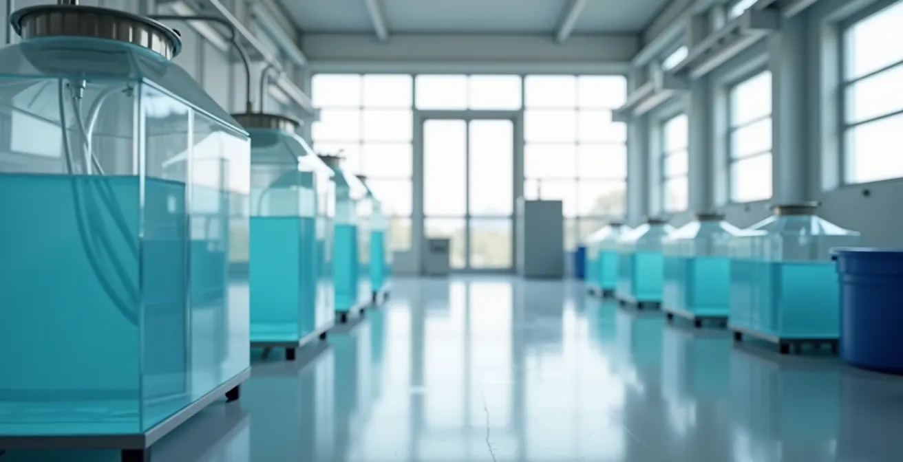 Système de réservoir d'eau transparent montrant le circuit de recyclage dans un environnement industriel