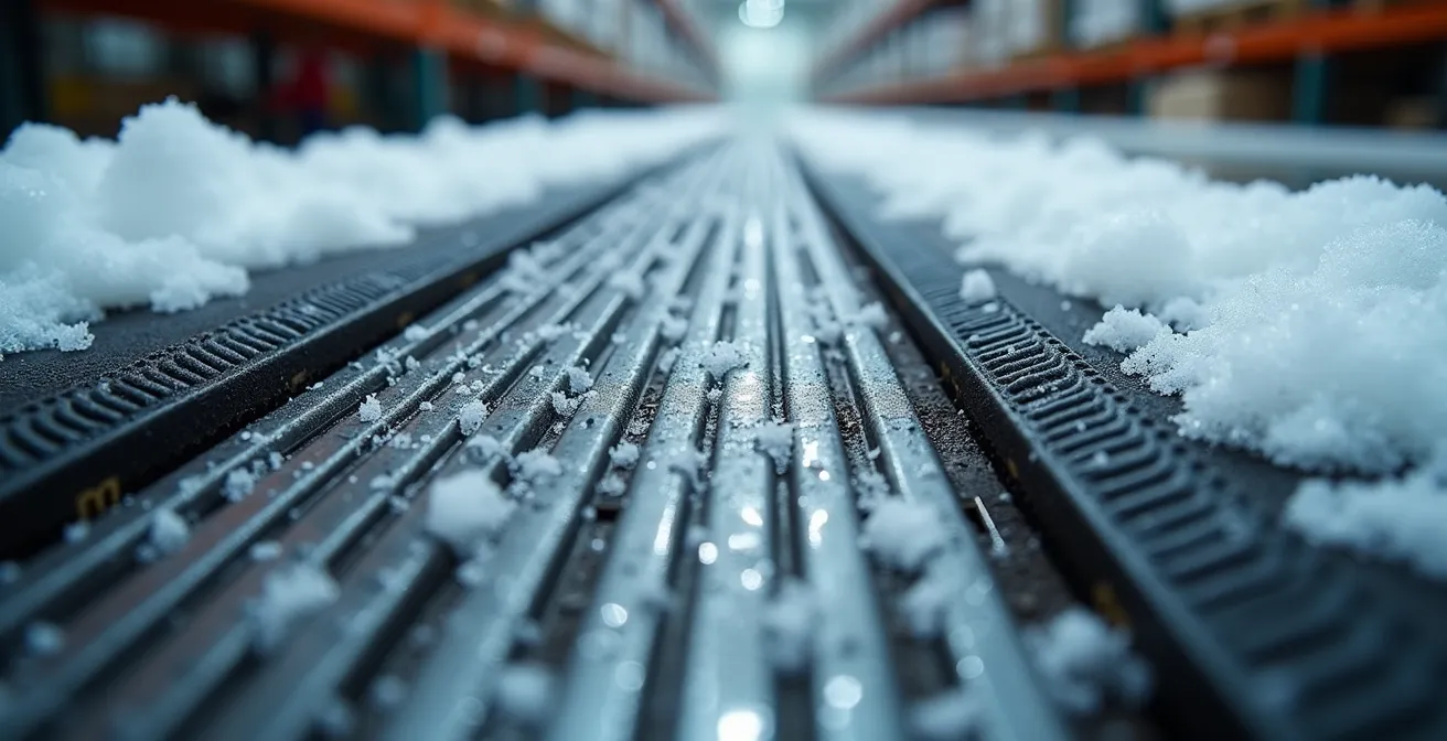 Zone d'entrée d'entrepôt avec système de tapis industriels pour capturer la neige et le sel
