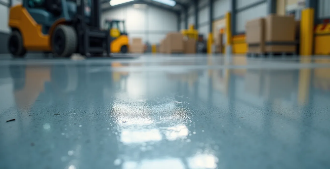 Sol industriel en époxy brillant avec chariot élévateur flou en arrière-plan montrant la sécurité des déplacements