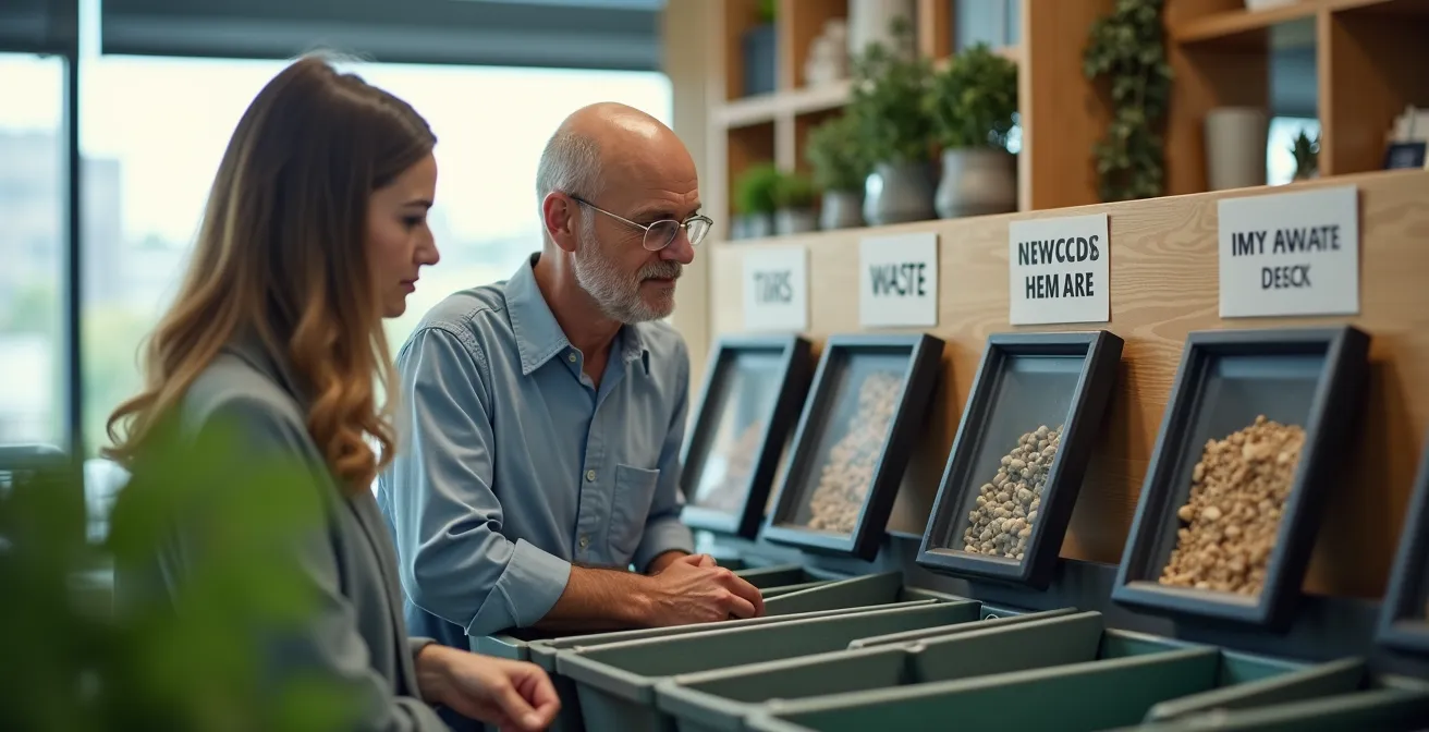 Station de tri centrale dans un bureau canadien moderne avec bacs de différentes tailles adaptés au volume réel des déchets