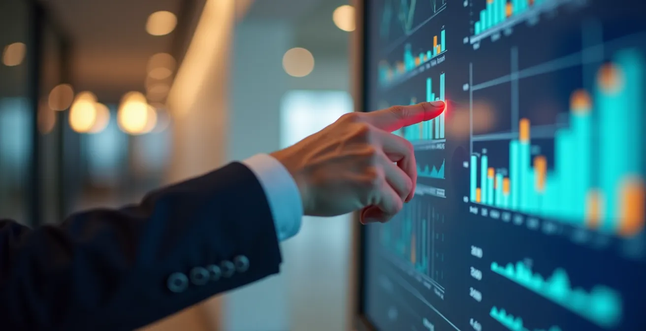 Professionnel analysant des graphiques de performance sur un grand écran dans un centre de contrôle moderne