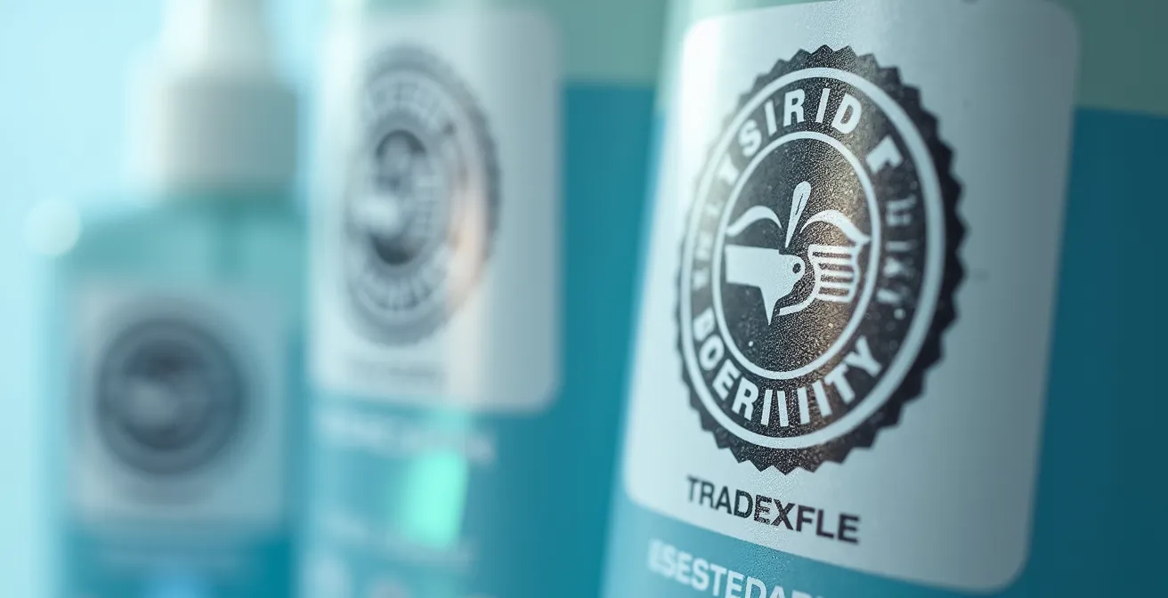 Vue macro de produits de nettoyage certifiés avec étiquettes de conformité canadienne abstraites