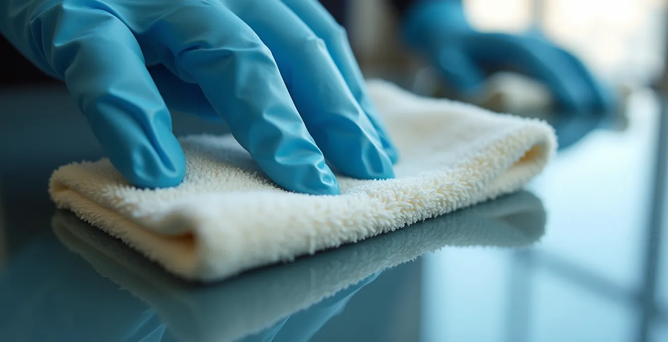 Gros plan sur main professionnelle nettoyant une surface miroir avec chiffon microfibre